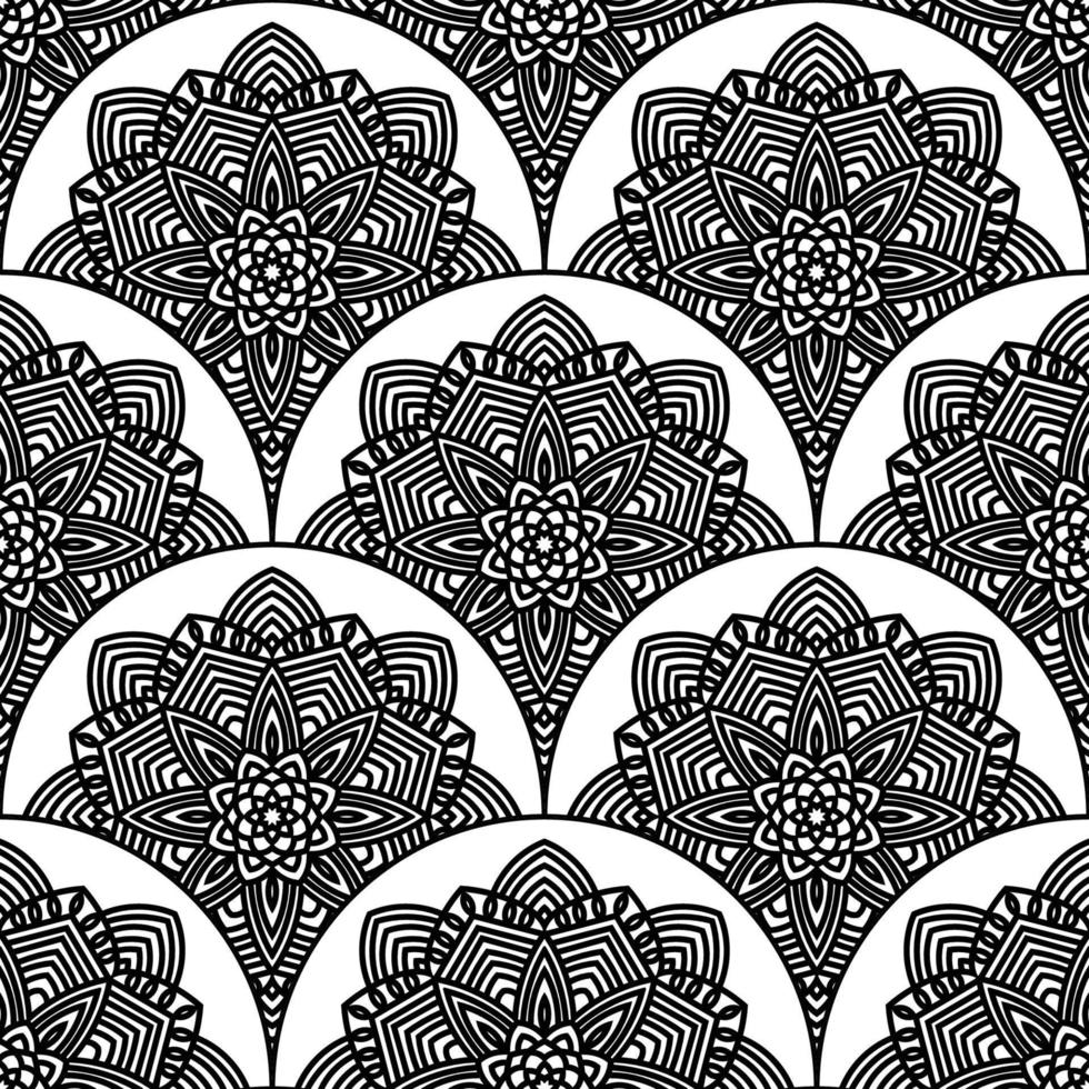Abstract mandala fish scale seamless pattern. Ornamental tile, mosaic background. Floral patchwork infinity card. Arabic, Indian, ottoman motifs. vector