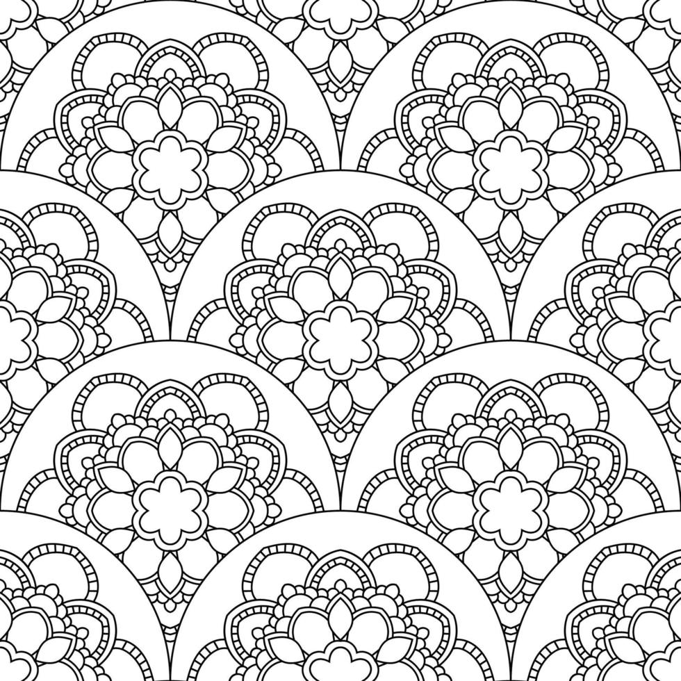 Abstract mandala fish scale seamless pattern. Ornamental tile, mosaic background. Floral patchwork infinity card. Arabic, Indian, ottoman motifs. vector