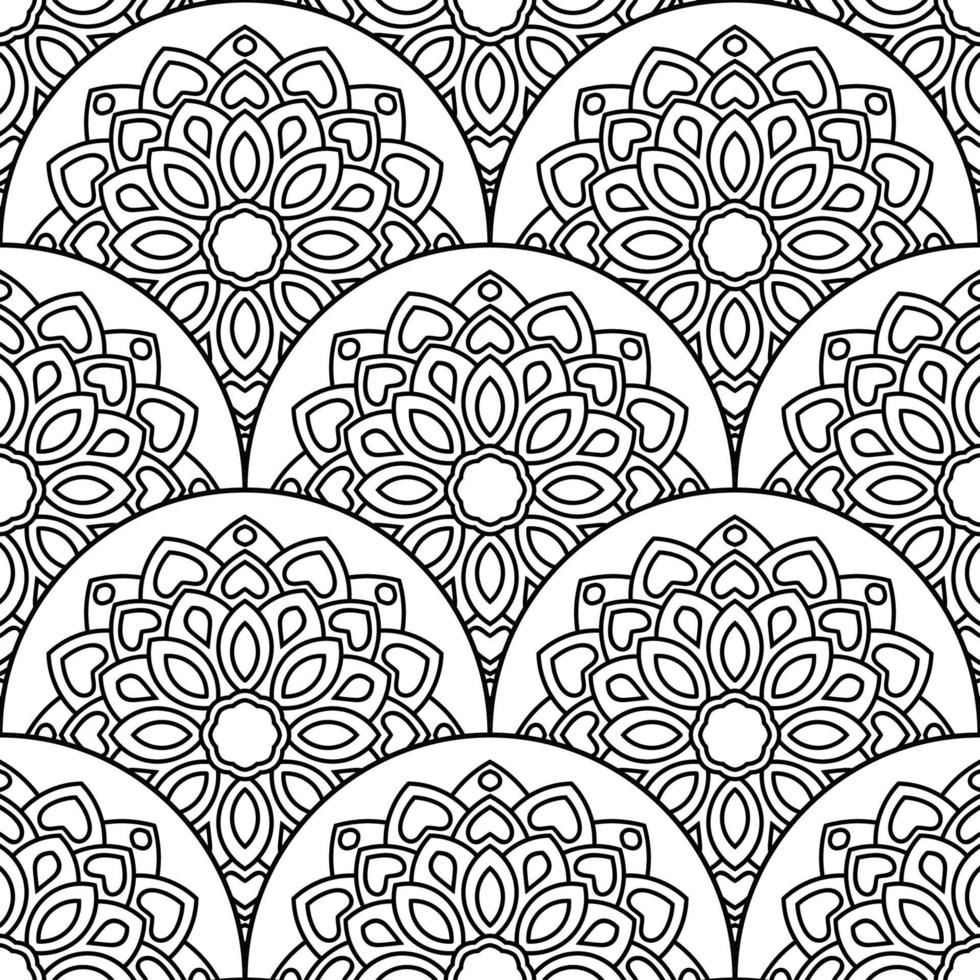 Abstract mandala fish scale seamless pattern. Ornamental tile, mosaic background. Floral patchwork infinity card. Arabic, Indian, ottoman motifs. vector