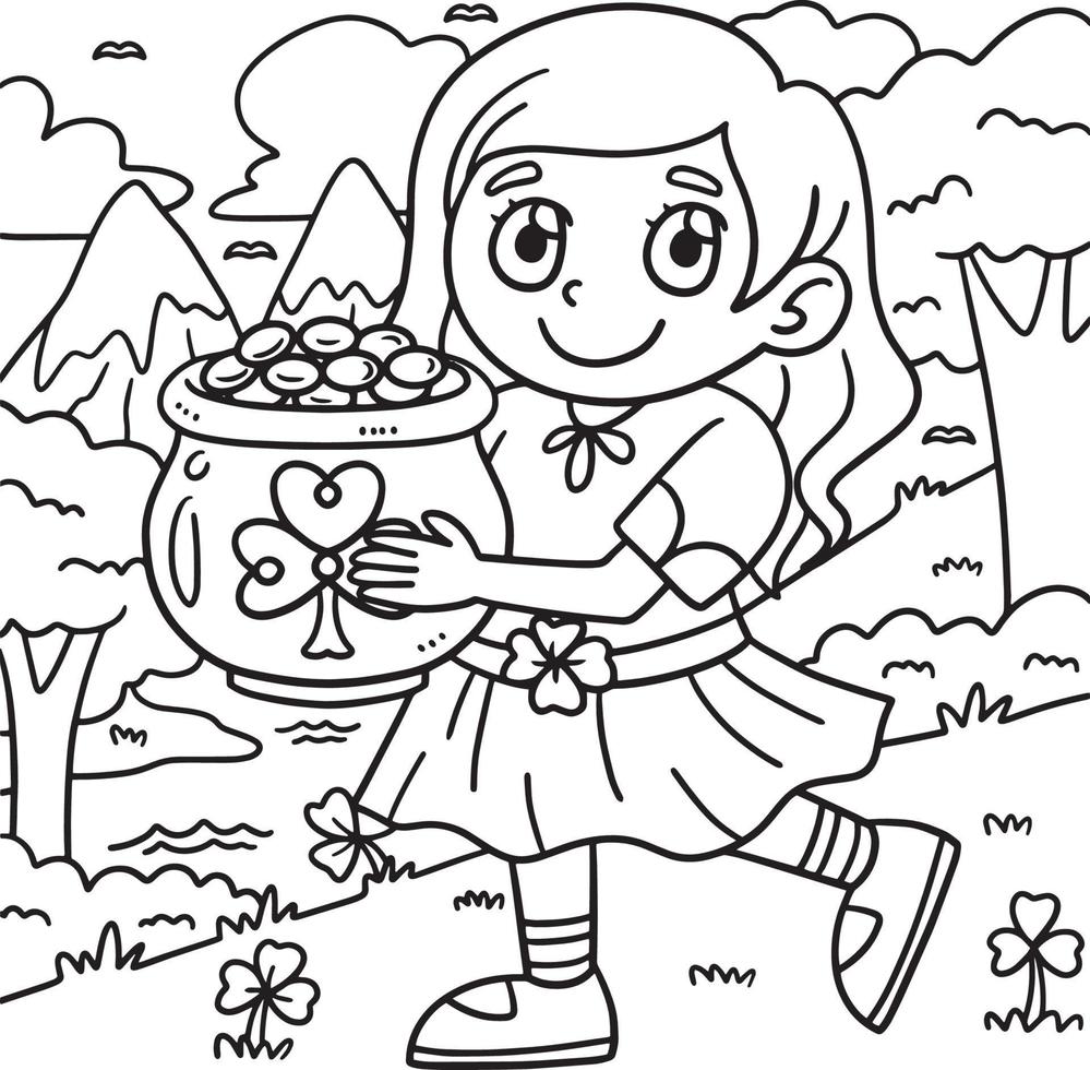 Saint Patricks Day Girl With Pot Of Gold Coloring vector