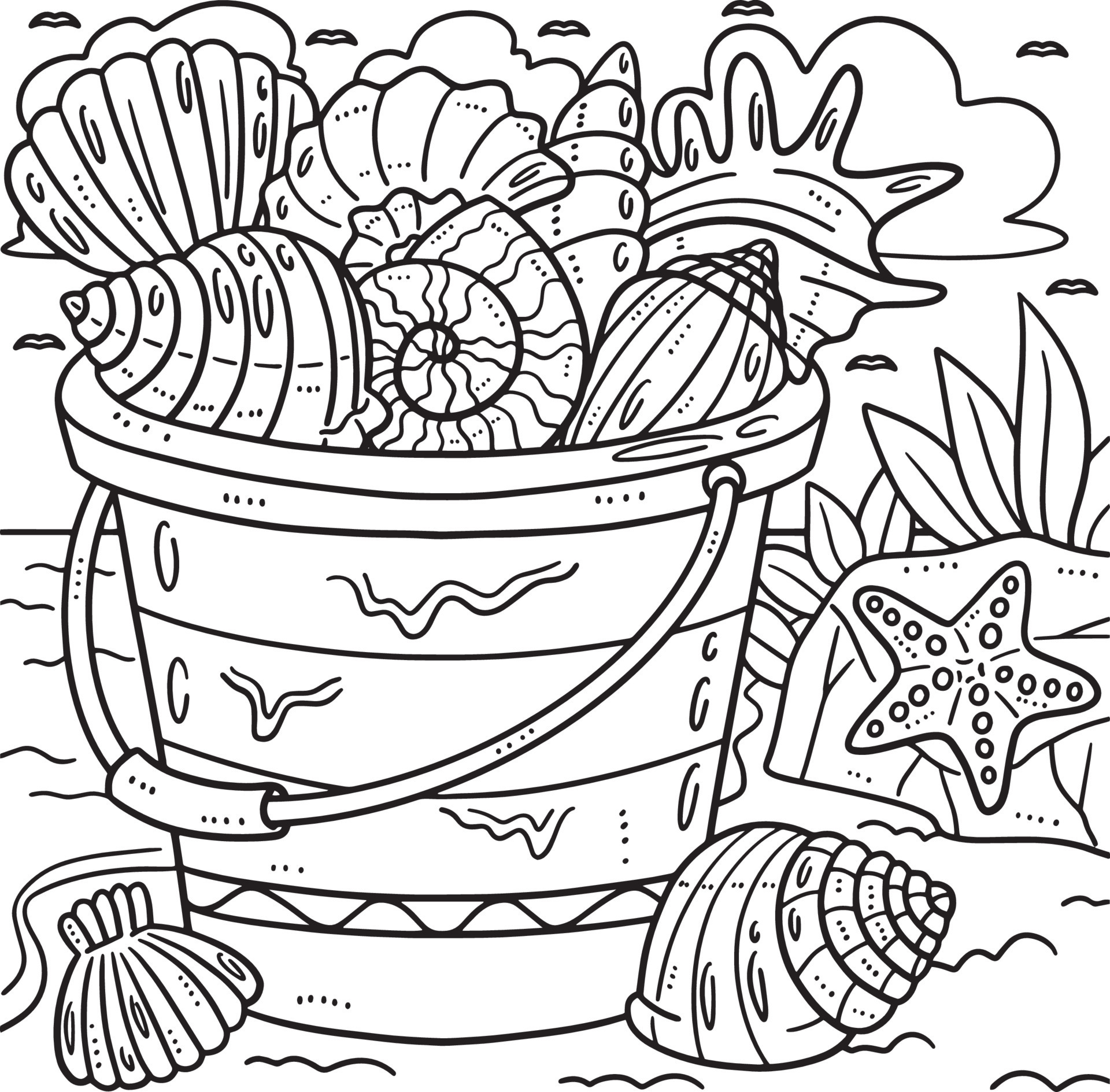 Summer Bucket of Sea Shells Coloring Page for Kids 20002710 Vector Art