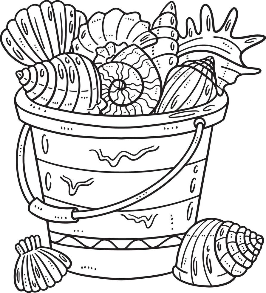 Bucket of Sea Shells Isolated Coloring Page vector