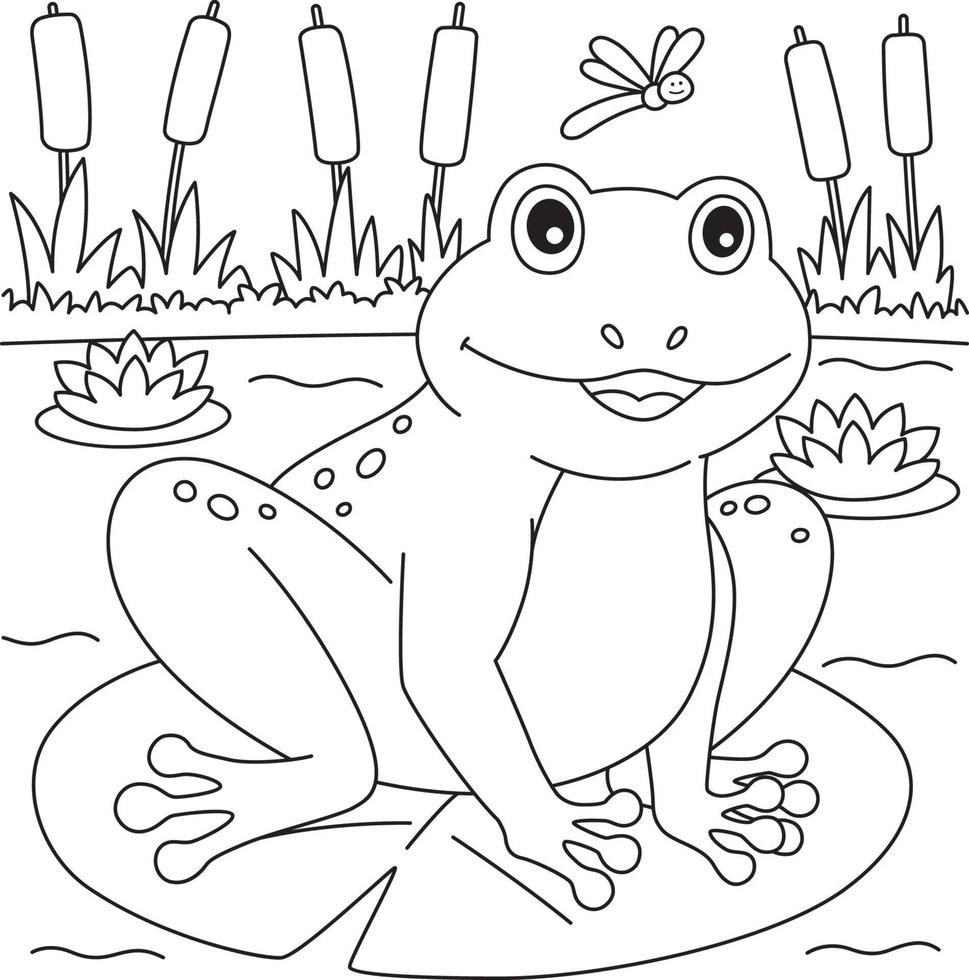 primavera rana en un agua lirio colorante página para niños vector