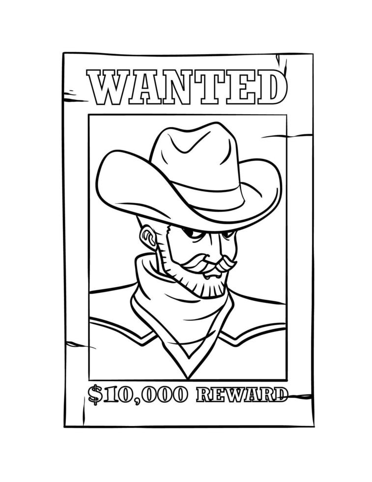 Cowboy Wanted Poster Isolated Coloring Page vector