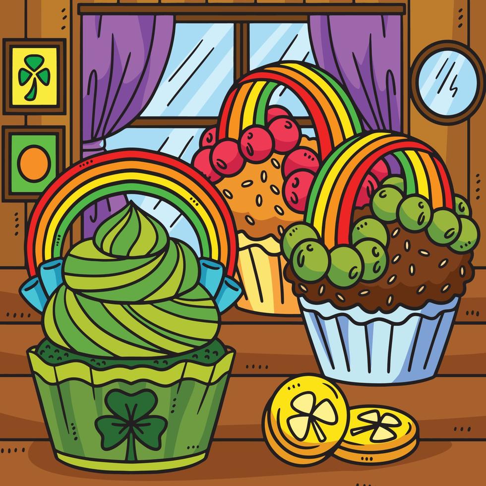 St. Patricks Day Rainbow Cupcakes Colored Cartoon vector