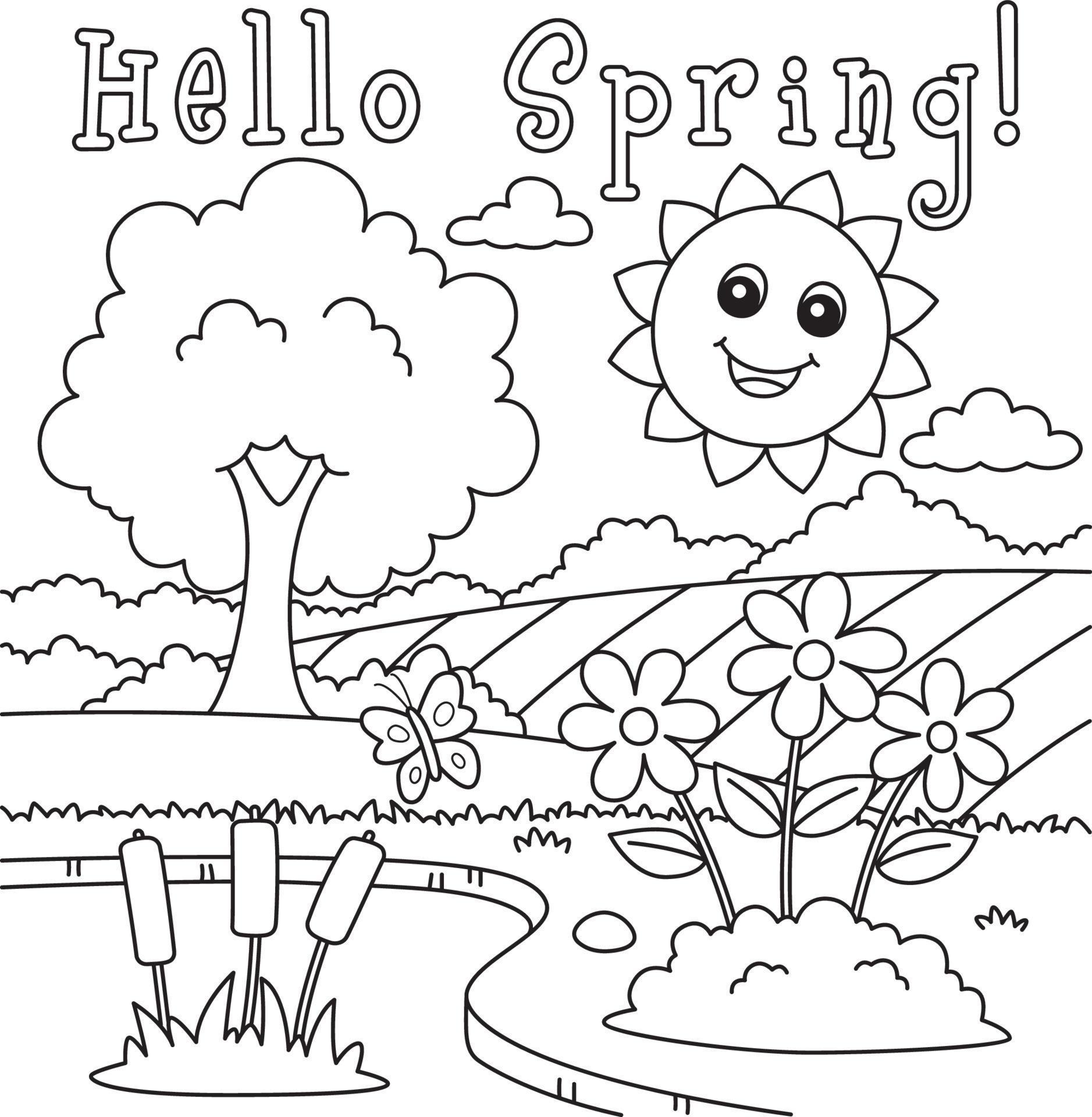 Hello Spring Smiling Sun Coloring Page for Kids 20002746 Vector Art at