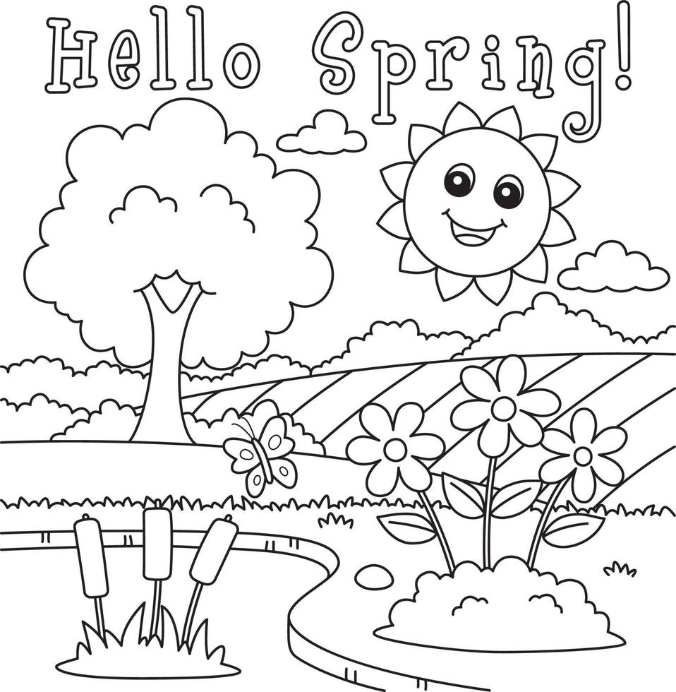 Hola primavera sonriente Dom colorante página para niños vector