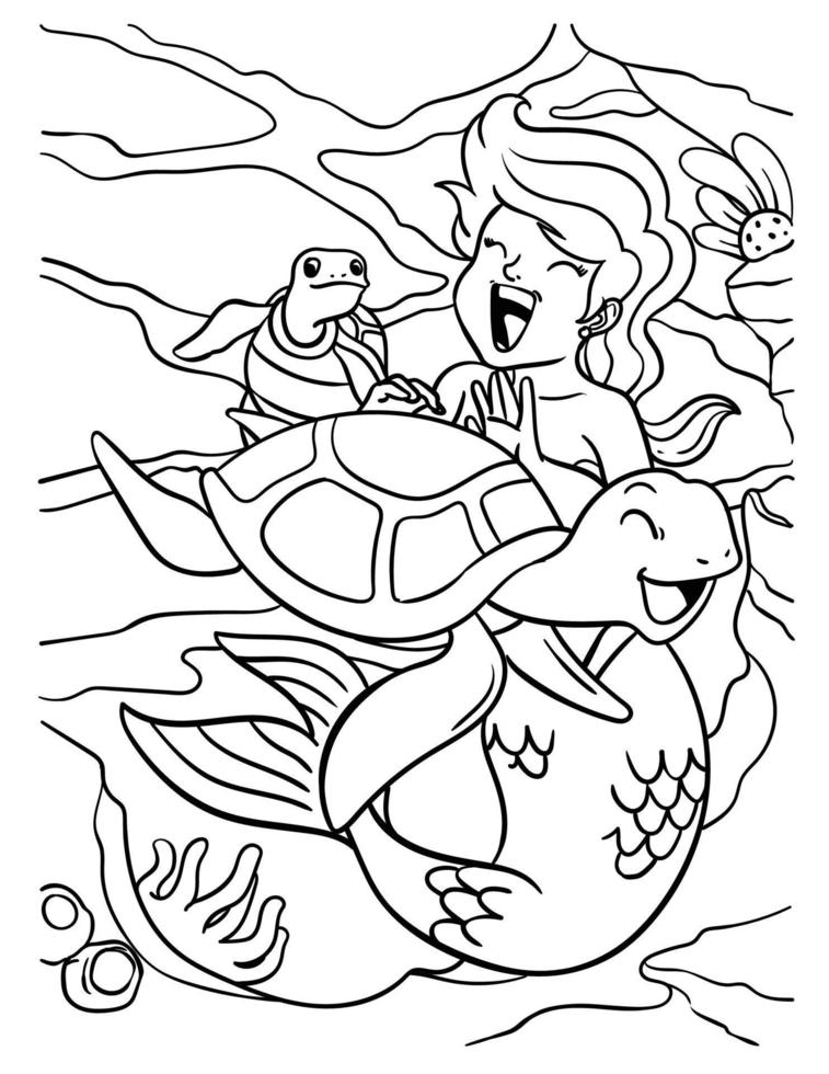 Mermaid Playing with Turtle Coloring Page for Kids vector