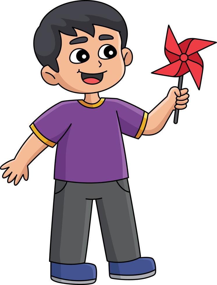 Spring Boy Holding Pinwheel Cartoon Clipart vector