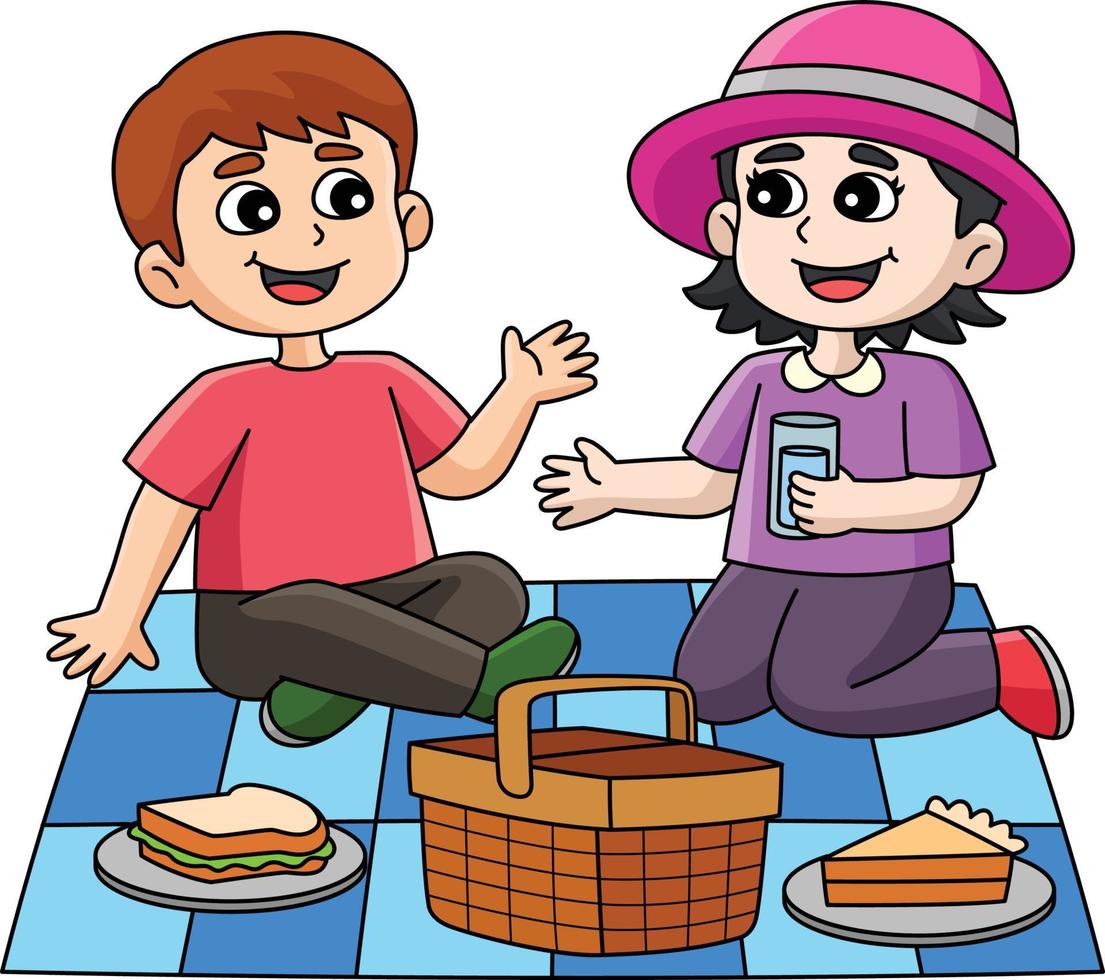 primavera niña y chico teniendo un picnic clipart vector