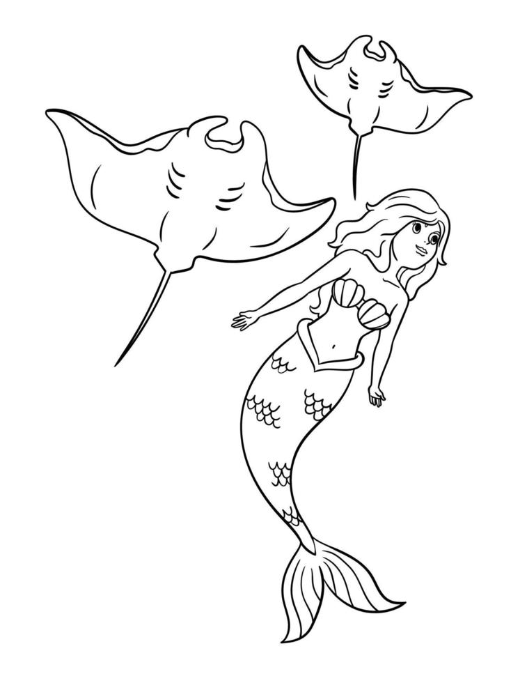 Mermaid with Manta Ray Isolated Coloring Page vector