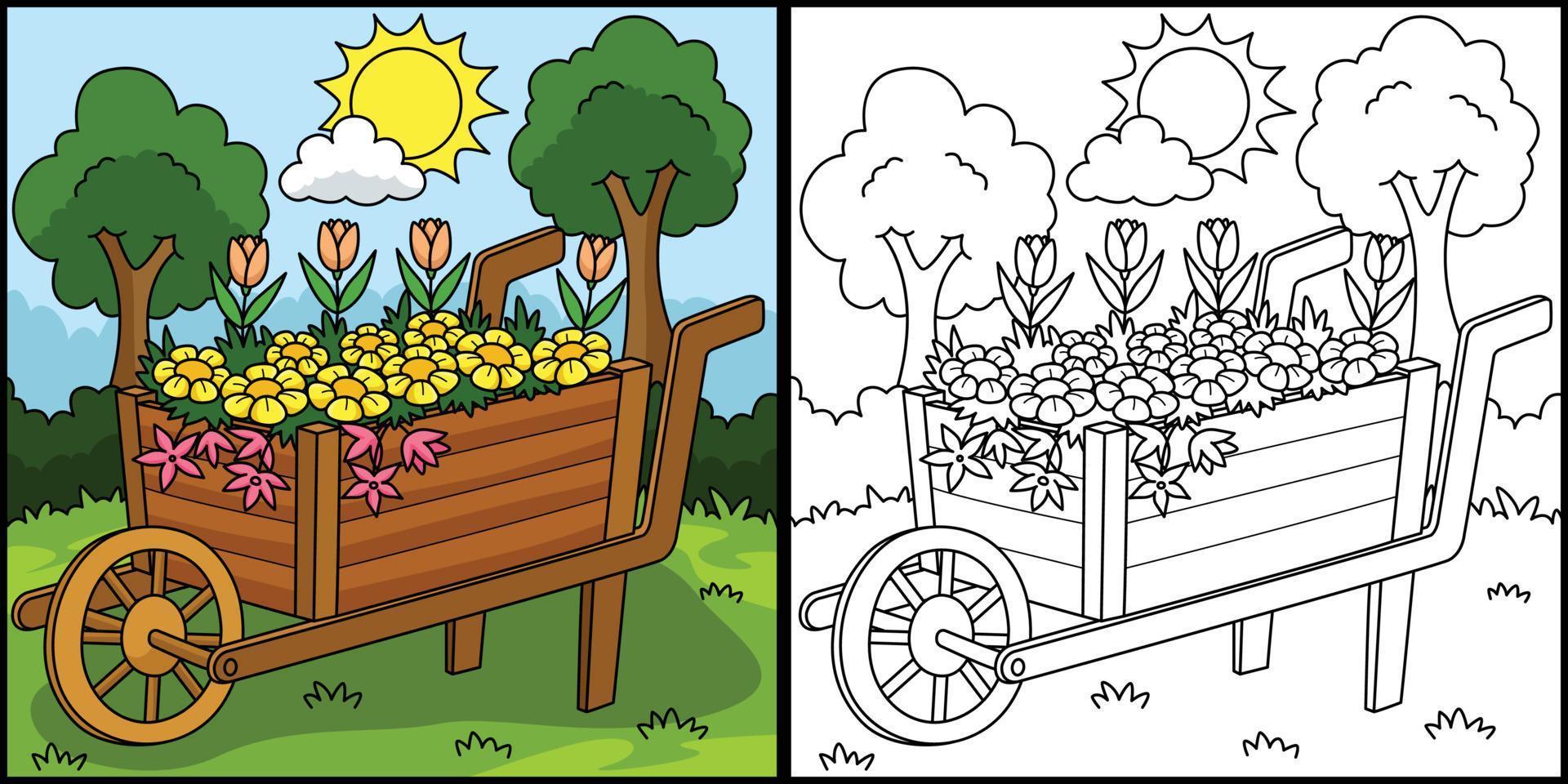 Wheelbarrow with Flowers Coloring Illustration vector