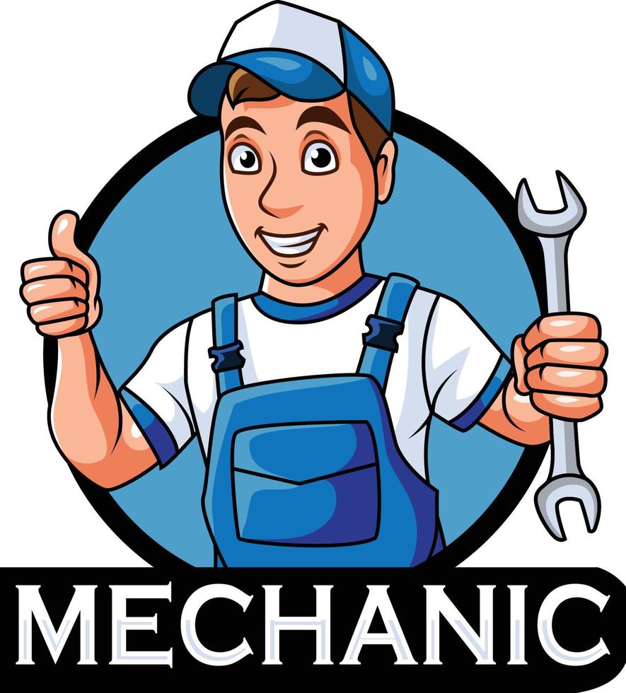 Cartoon mechanic mascot holding a spanner vector