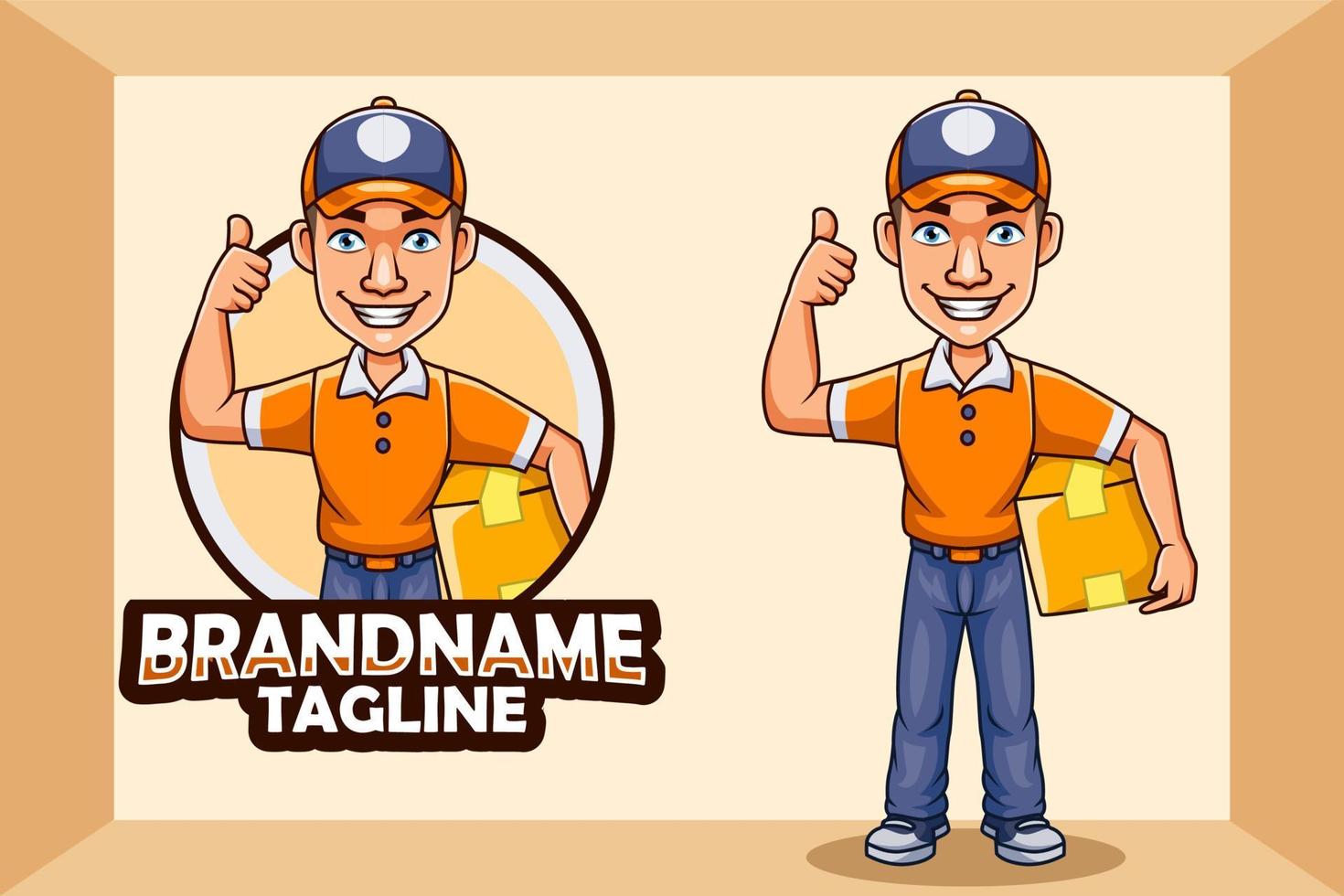 Delivery courier man holding package giving thumb up vector