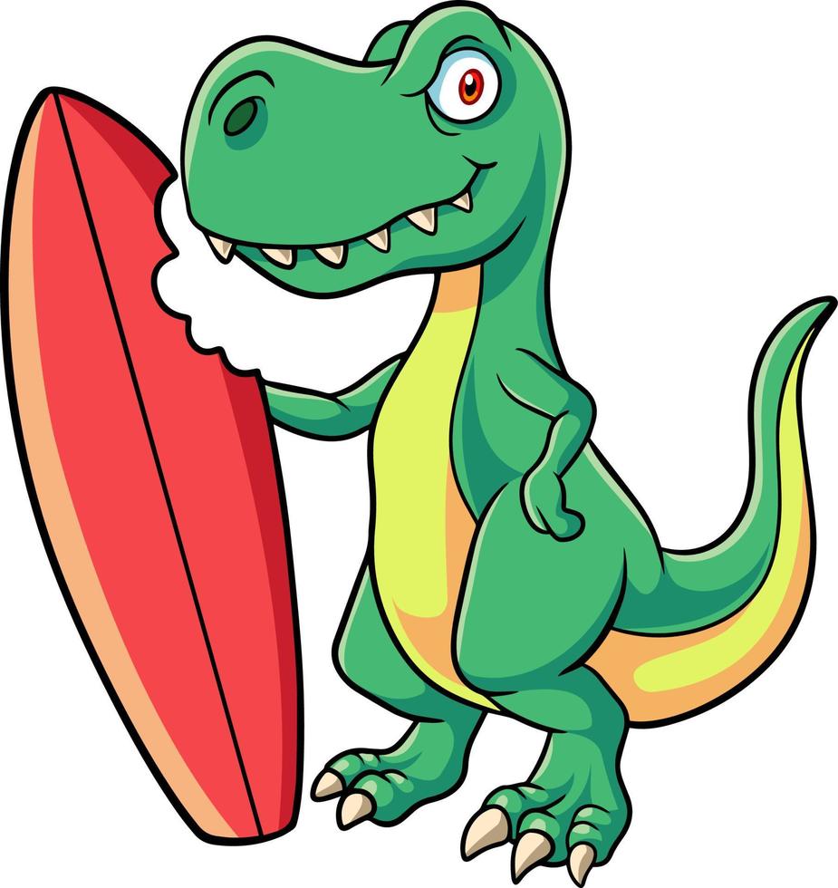 Cartoon dinosaur holding a surfboard vector