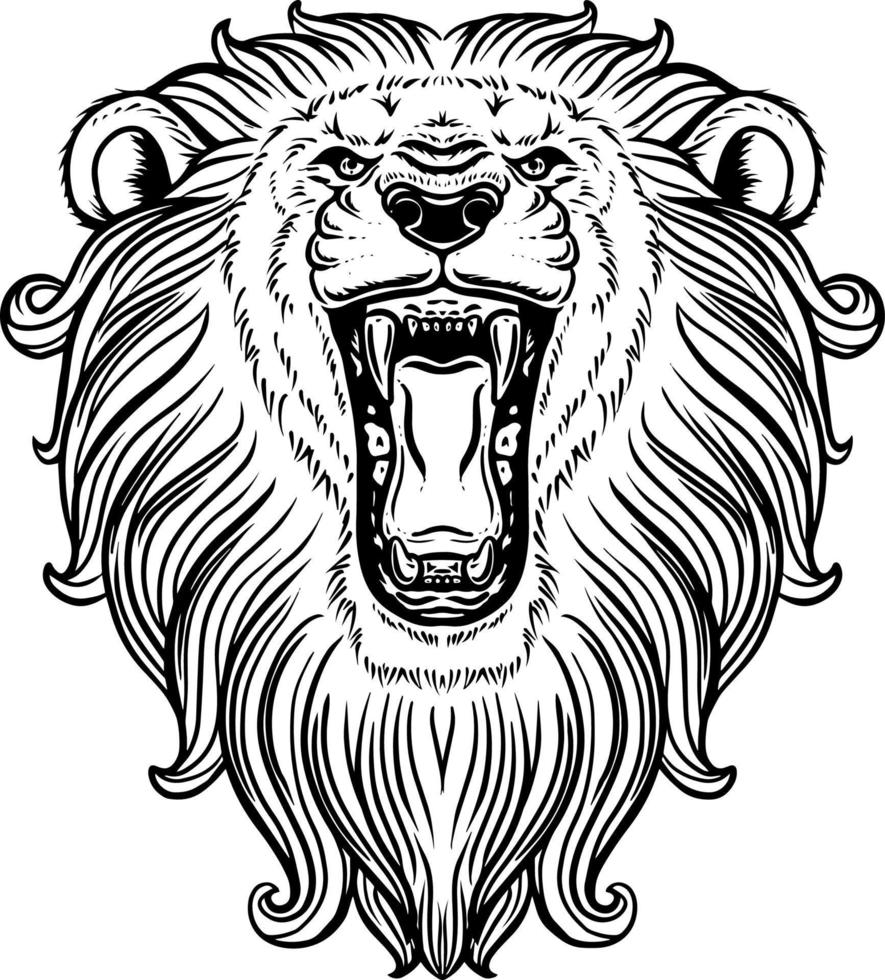 negro y blanco león cabeza rugido vector