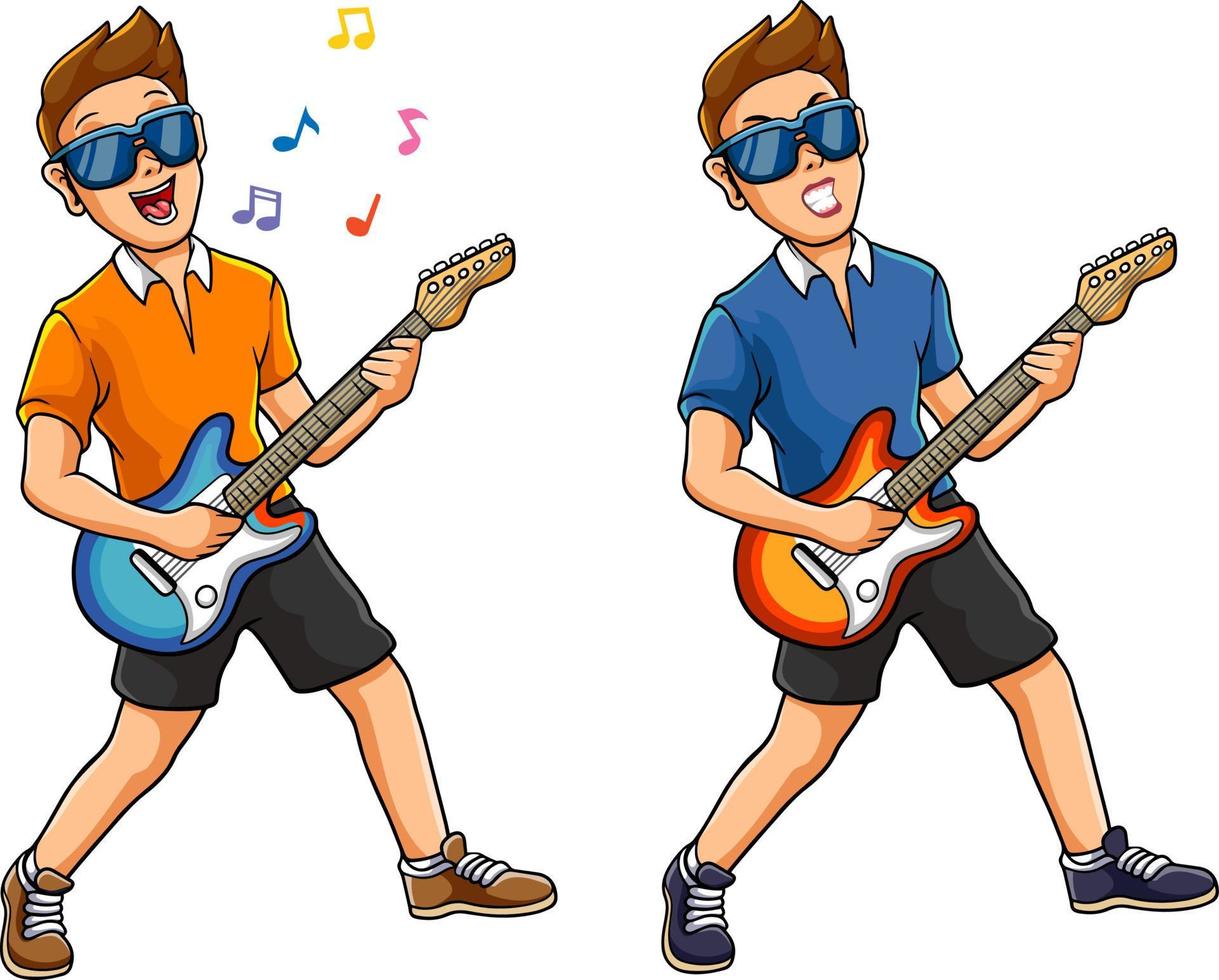 conjunto de dos músico jugando eléctrico guitarras vector