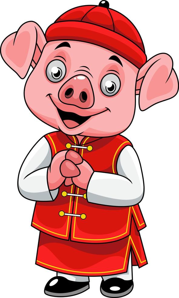 Cartoon happy little pig with traditional Chinese costume vector