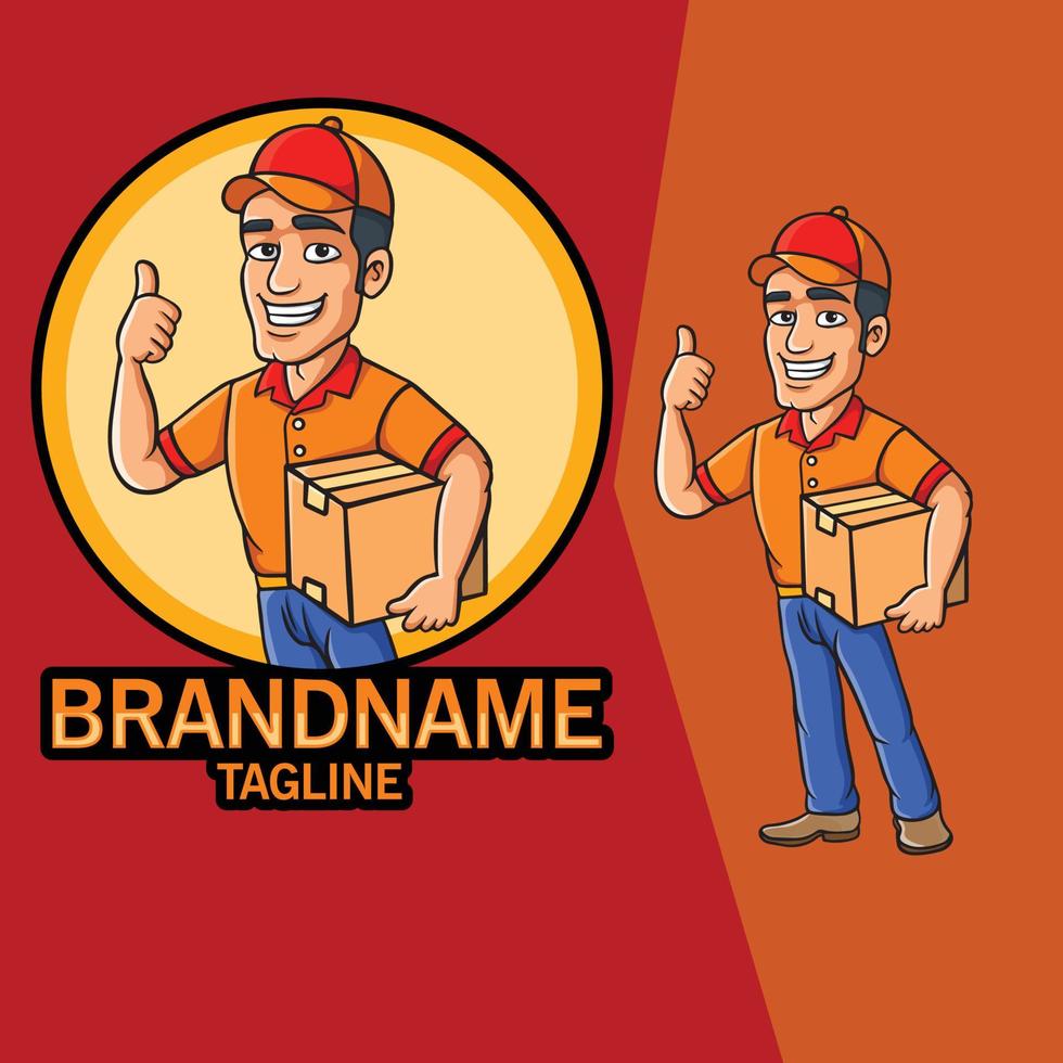 Delivery courier man holding package giving thumb up vector