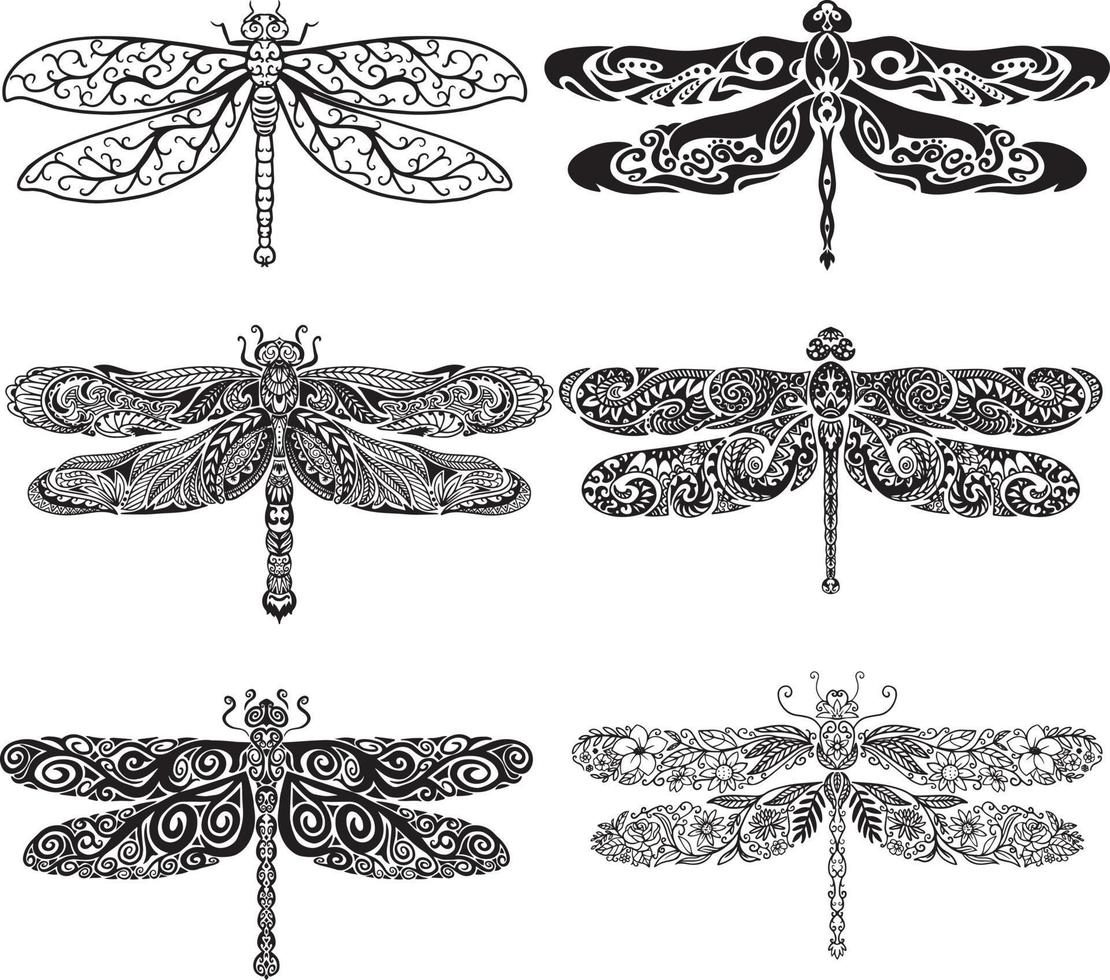 Hand drawn decorative dragonfly collection vector