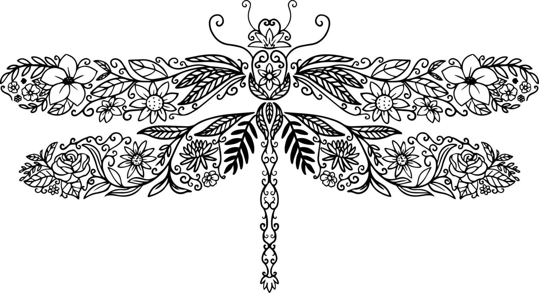 Decorative ornate beautiful flowers dragonfly vector