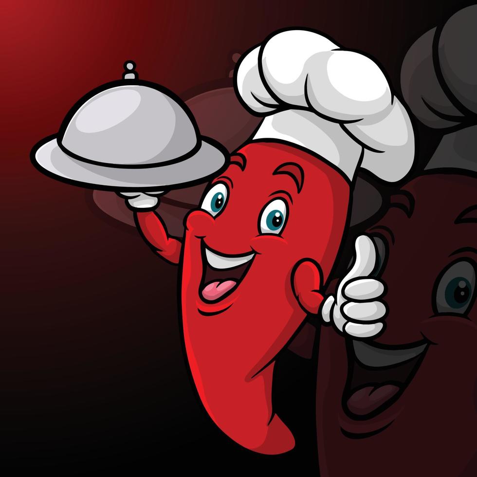 Cartoon chili pepper chef holding platter and giving thumbs up vector