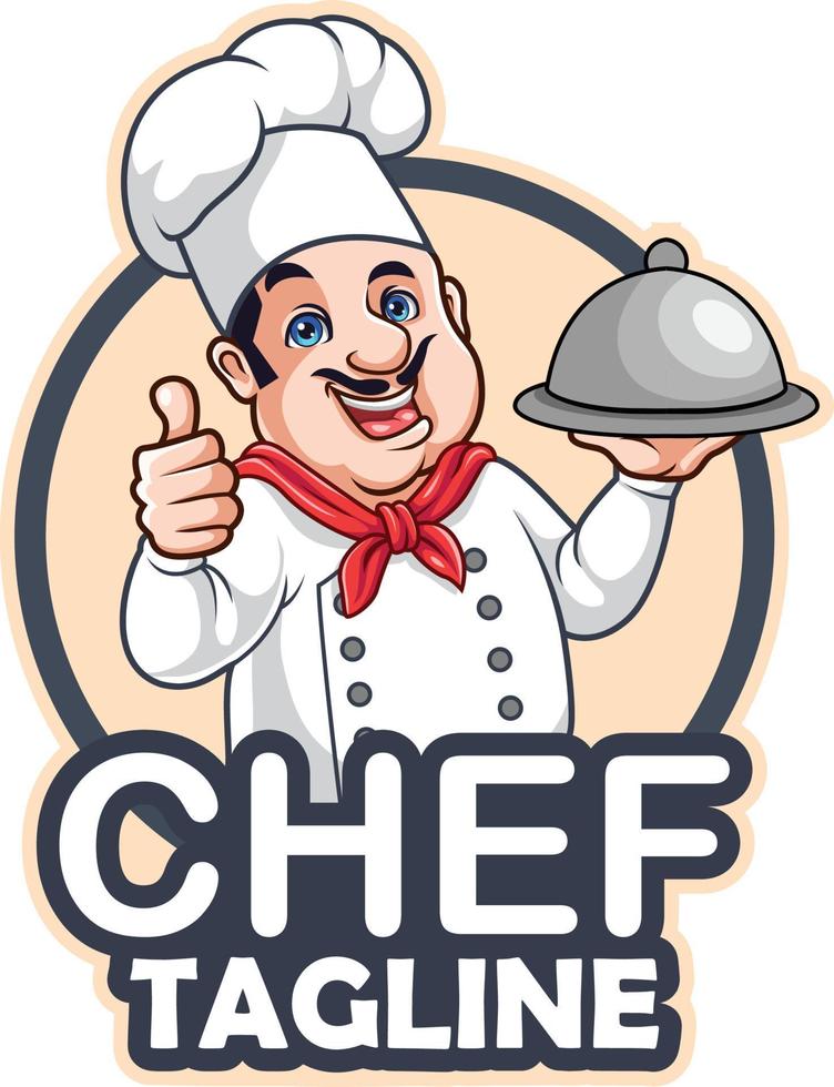 Vector Illustration of Cartoon chef holding a silver tray giving thumb up