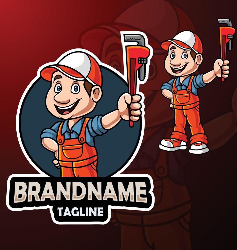 Cartoon plumber mascot design with big wrench vector