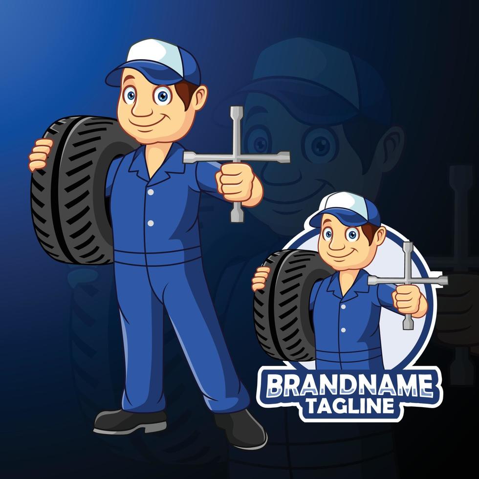 Cartoon car mechanic man carrying a tire with spanner vector