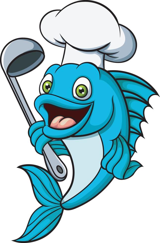 dibujos animados cocinero pescado participación un sopa cucharón vector
