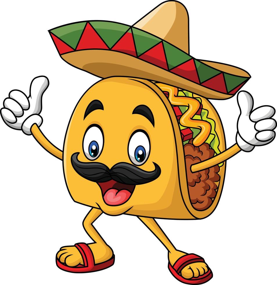 dibujos animados gracioso taco mascota dando pulgar arriba vector