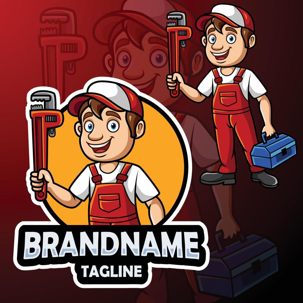 Cartoon plumber mascot design with big wrench vector