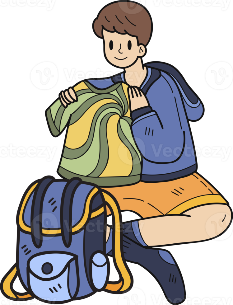 Hand Drawn tourists sitting and packing luggage illustration in doodle style png