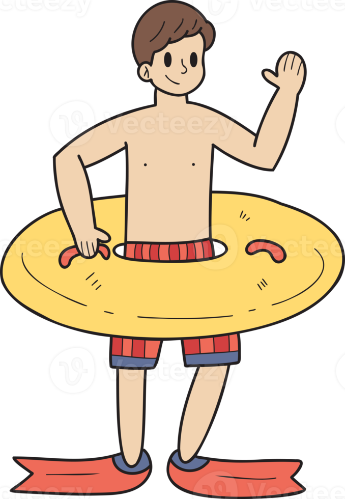 Hand gezeichnet männlich Tourist mit Schwimmen Ring Illustration im Gekritzel Stil png