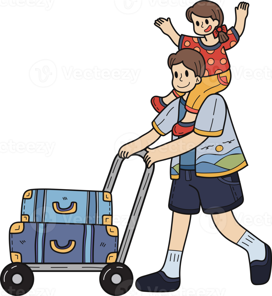 Hand Drawn Male tourist holding baby with travel bag illustration in doodle style png