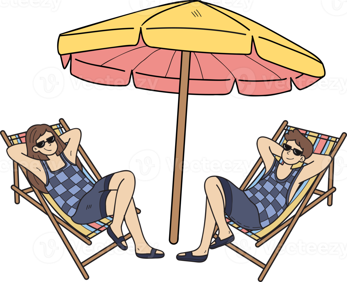 Hand Drawn couple sunbathing at sea illustration in doodle style png