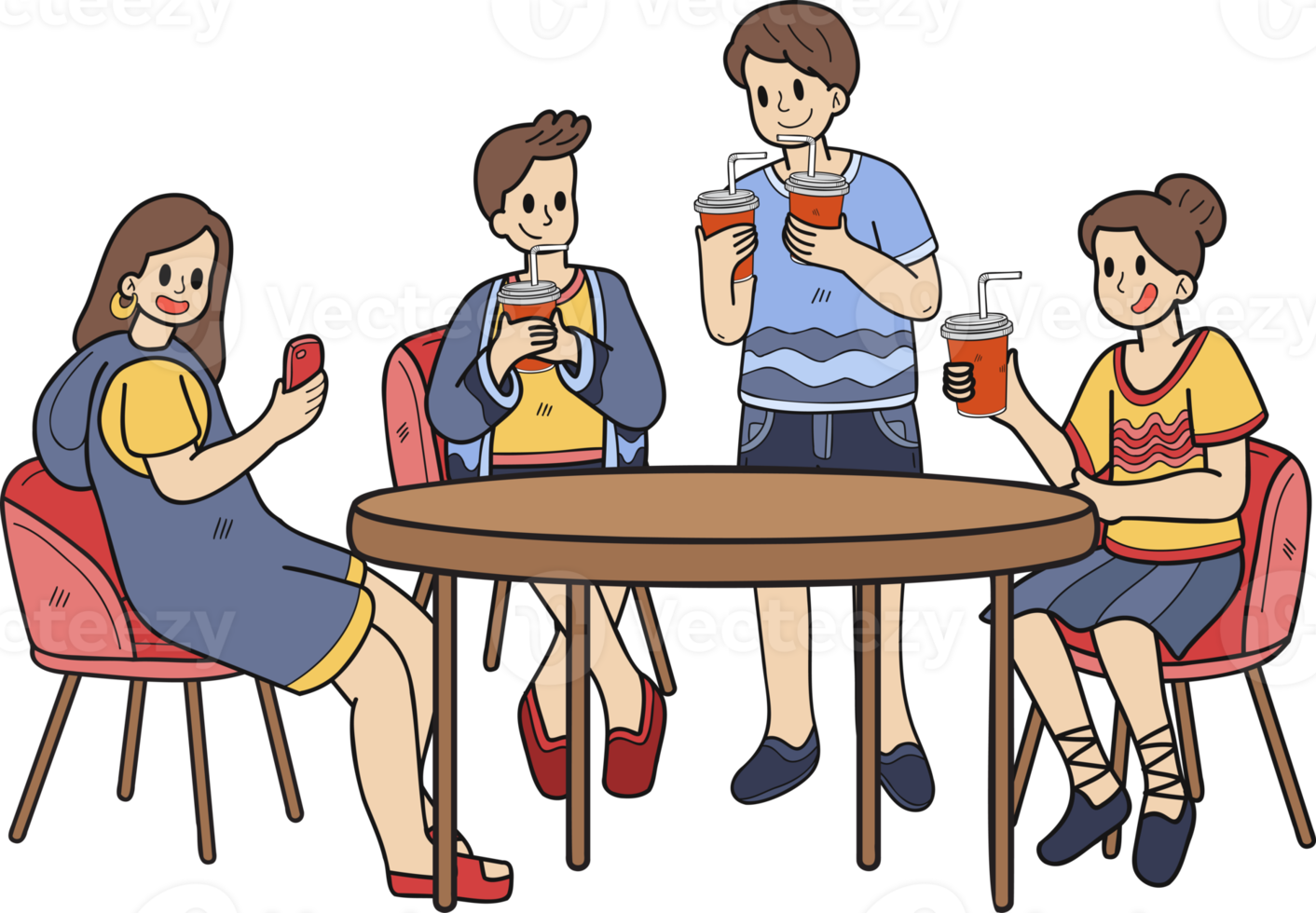 hand dragen grupp av tonåringar dricka kaffe illustration i klotter stil png