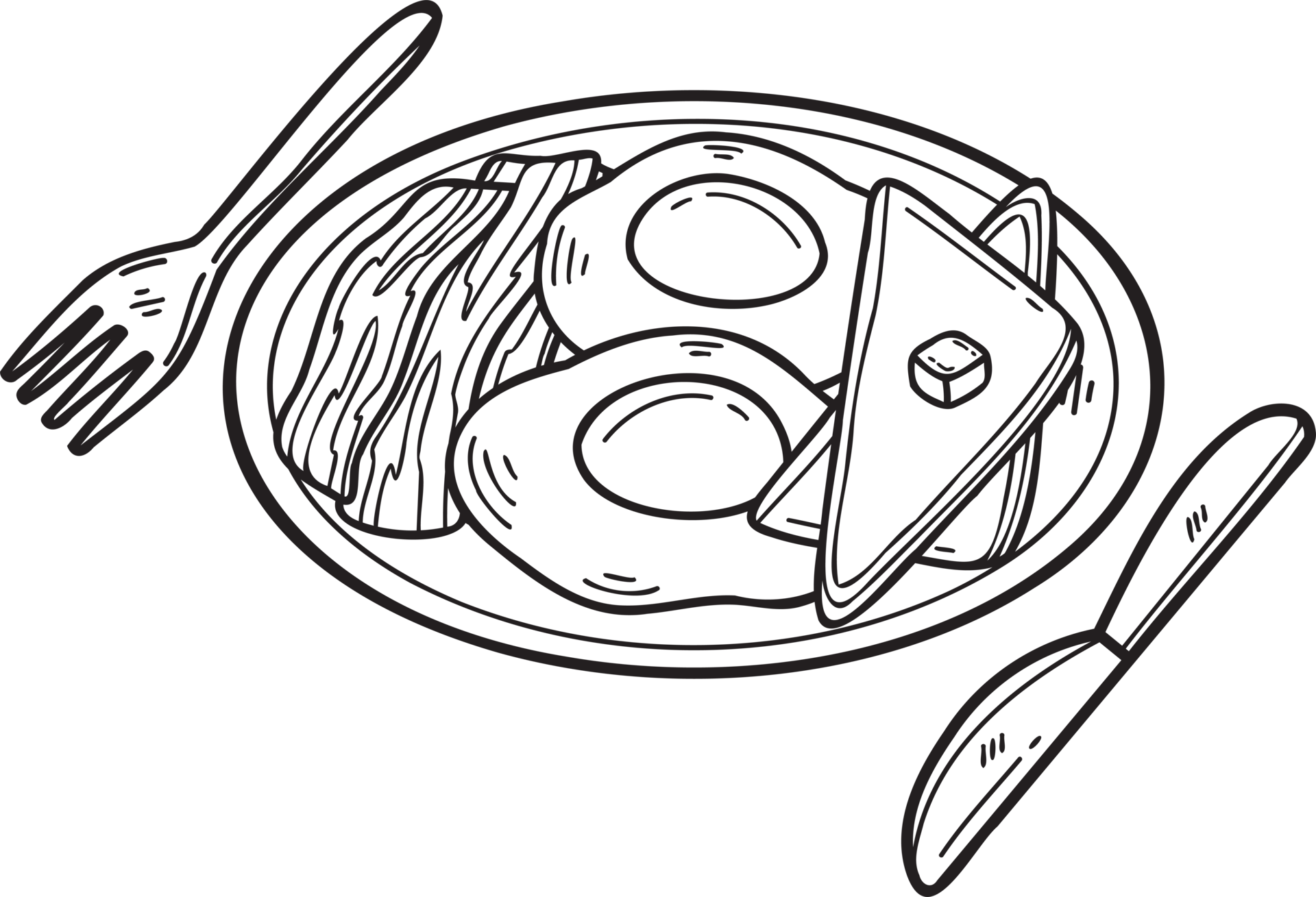 Hand Drawn Fried eggs and bacon on a plate illustration in doodle style