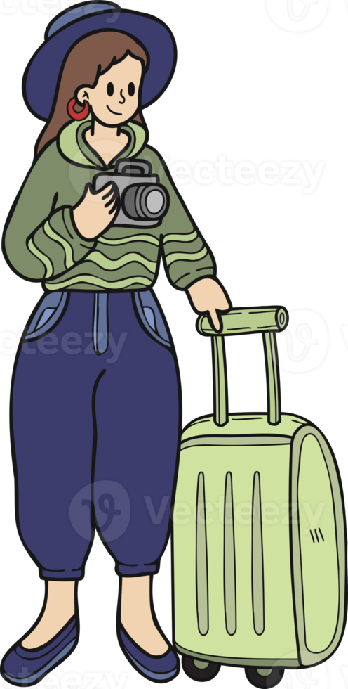 Hand Drawn Female tourists taking pictures with suitcases illustration in doodle style png