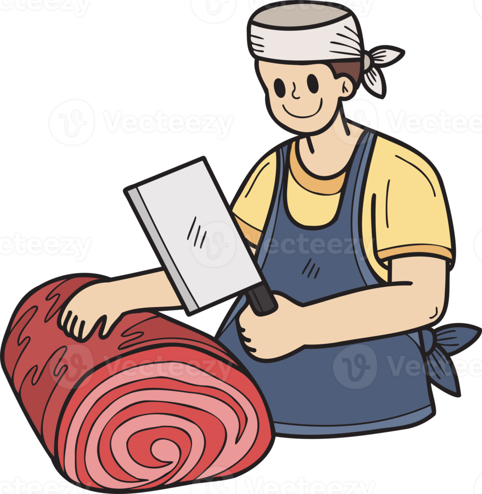 Hand Drawn chef cutting beef illustration in doodle style png