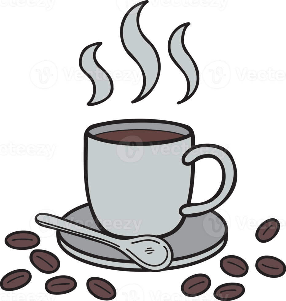 xícara desenhada à mão de ilustração de café quente e grãos de café no estilo doodle png