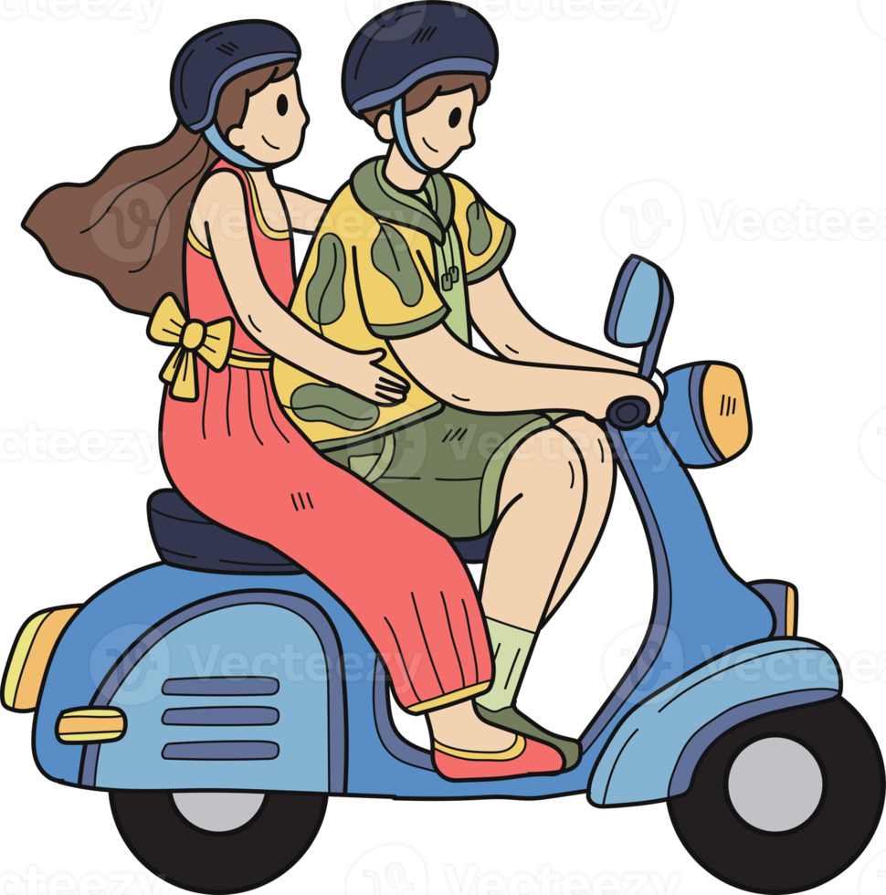 Hand Drawn couple riding a scooter illustration in doodle style png