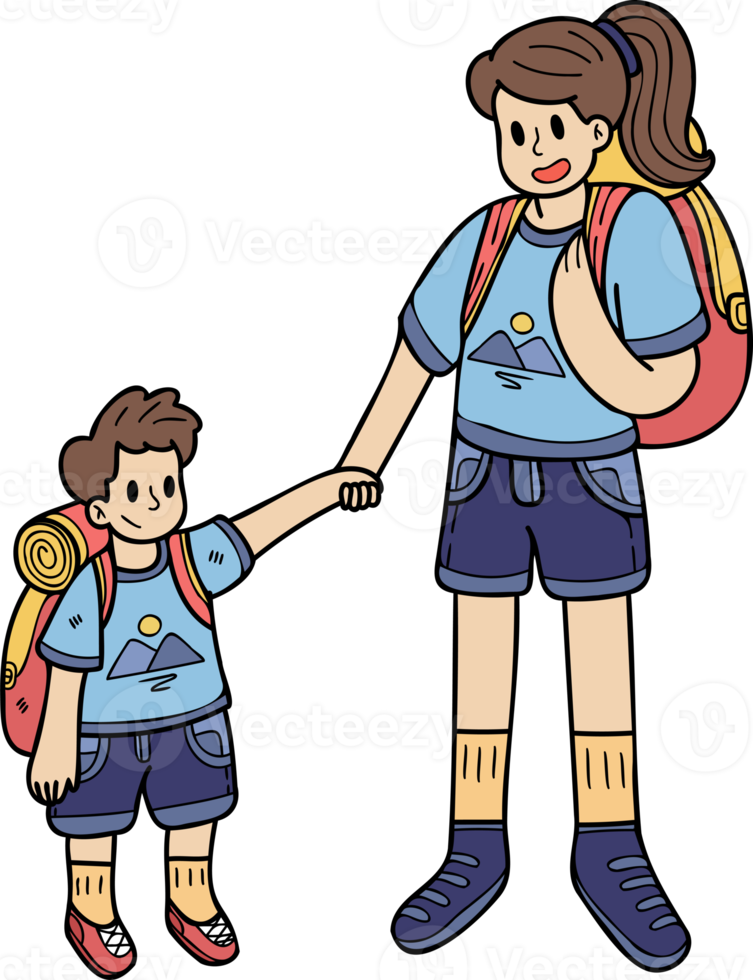 main tiré femelle touristes avec garçons illustration dans griffonnage style png