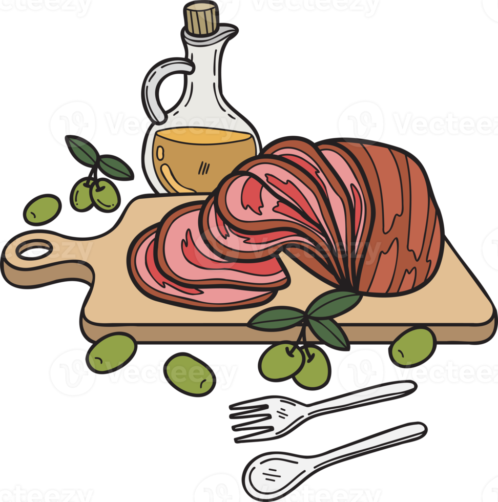 Hand Drawn sliced ham on a wooden chopping board illustration in doodle style png