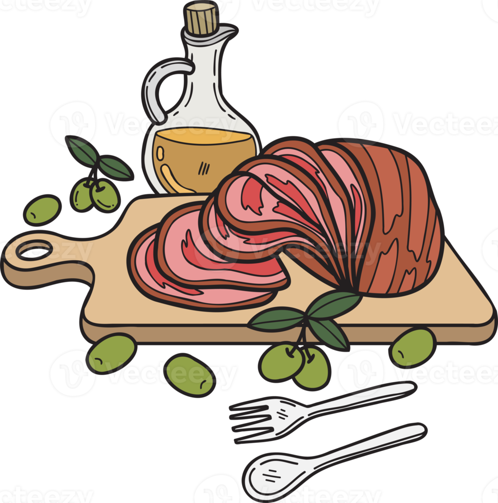 mano disegnato affettato prosciutto su un' di legno chopping tavola illustrazione nel scarabocchio stile png