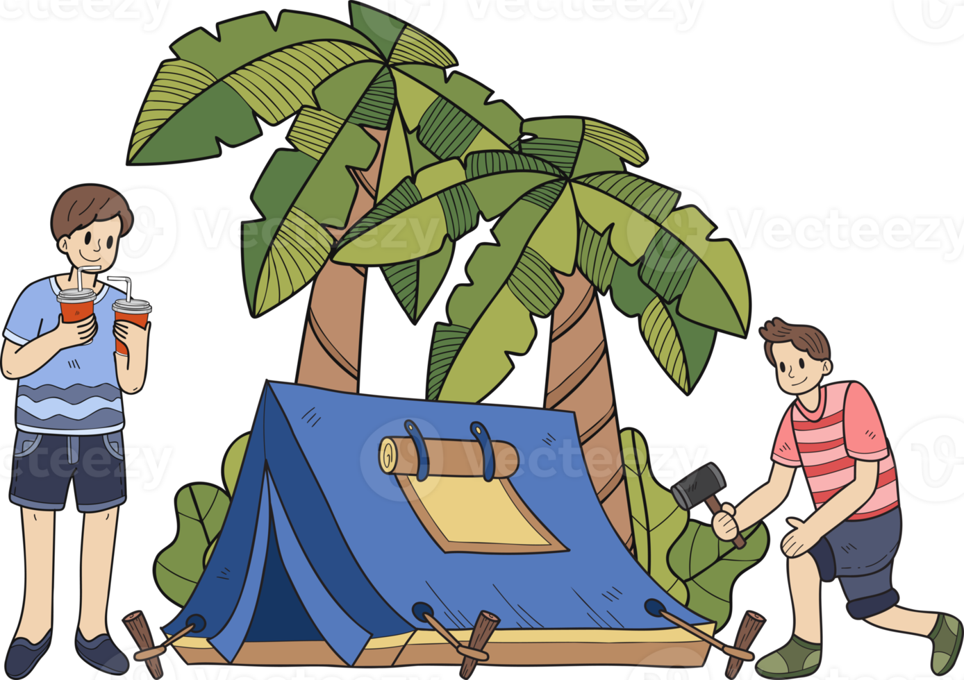 Hand Drawn group of tourists is setting up a tent in the forest illustration in doodle style png