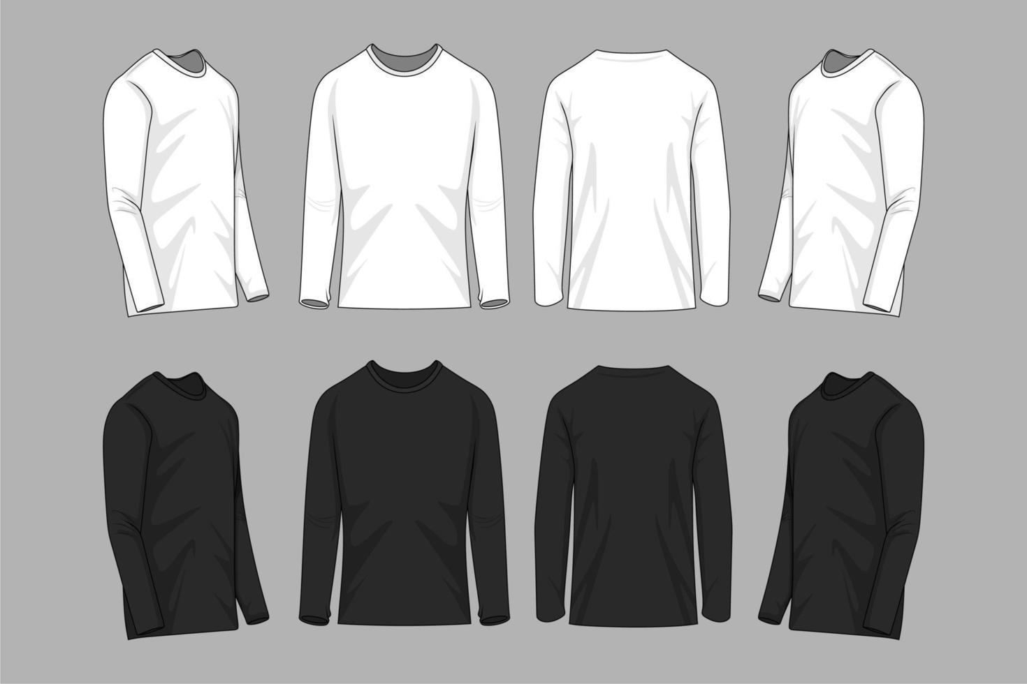 Men's clothing set in white and black colors. Front, back and side views of blank tee. Casual style. Vector illustration for your fashion design.
