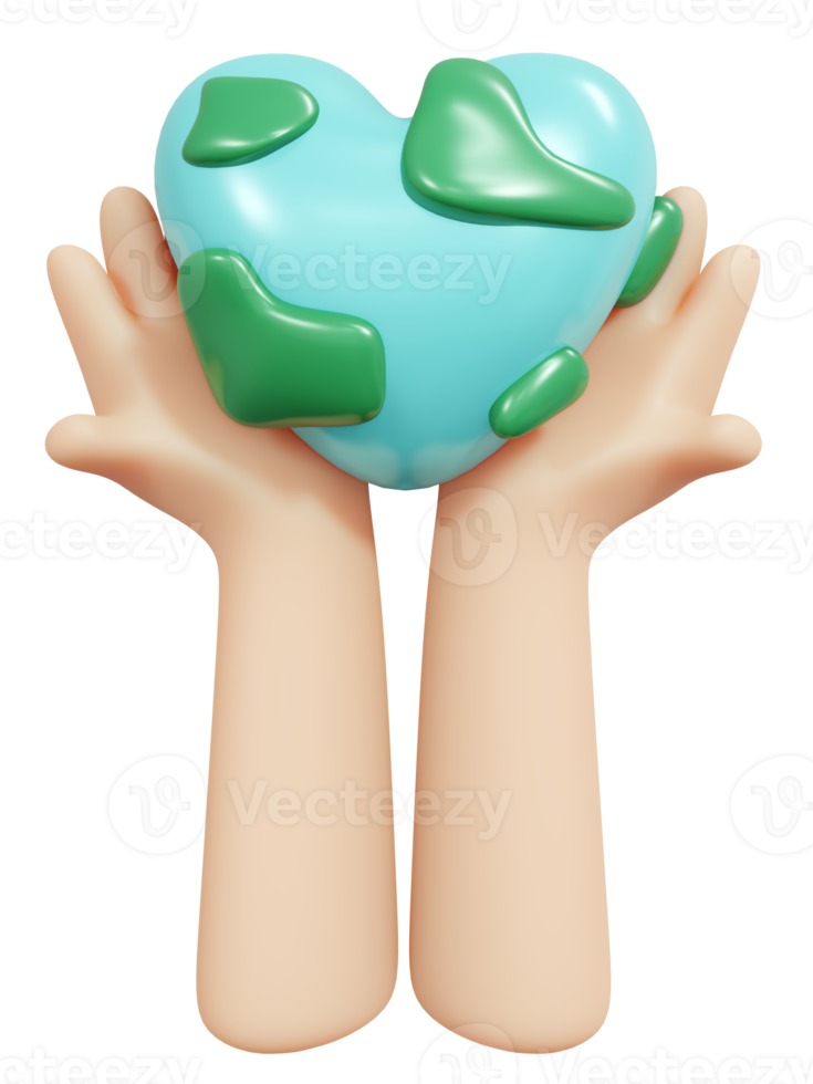 3d Rendern Hand halten Globus Symbol im Herz gestalten Konzept von Erde Tag. 3d machen Illustration. png