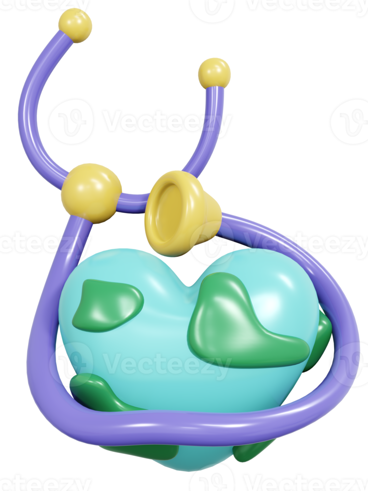 3d le rendu globe dans cœur forme et stéthoscope concept de monde santé journée. 3d rendre illustration. png