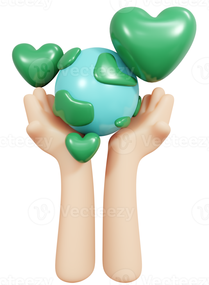 3D Rendering hand holding globe icon and heart concept of earth day. 3D Render illustration. png